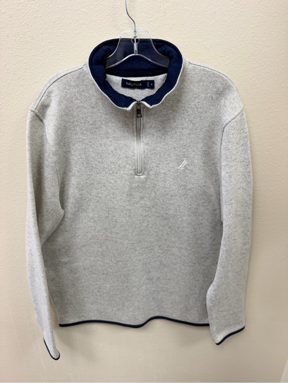 Nautica Light Gray Quarter-Zip Sweater with Navy Trim